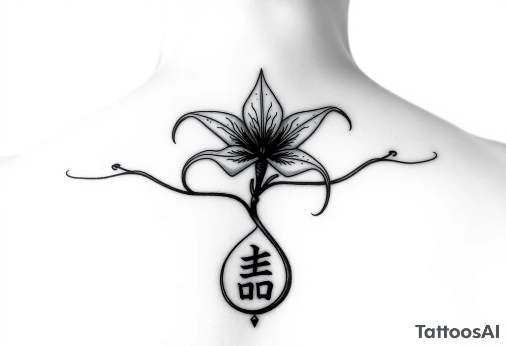 On the shoulder I want 3 spider Lillies that are flown look royal think and long and at the end of the stem I want it to curl up and then at the bottom I want their to be a symbol in Chinese that means love tattoo idea