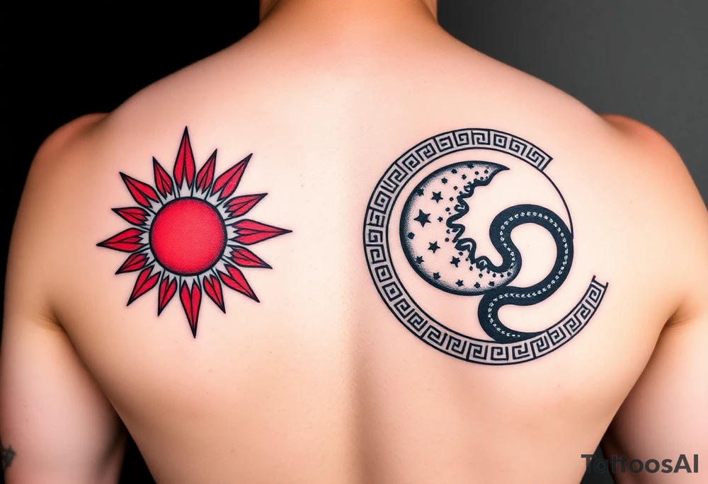 Black and red neo-tribal Greek meander tattoo band, forearm wrap-around design. Left: red tribal sun with spikes, abstract running figures. Right: black moon with dotwork, ouroboros snake. Symbols integrated into sharp geometric meander pattern. Clean line art, no background tattoo idea
