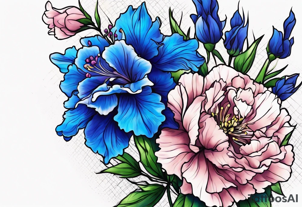 Larkspur flowers and carnation flowers in all color tattoo idea