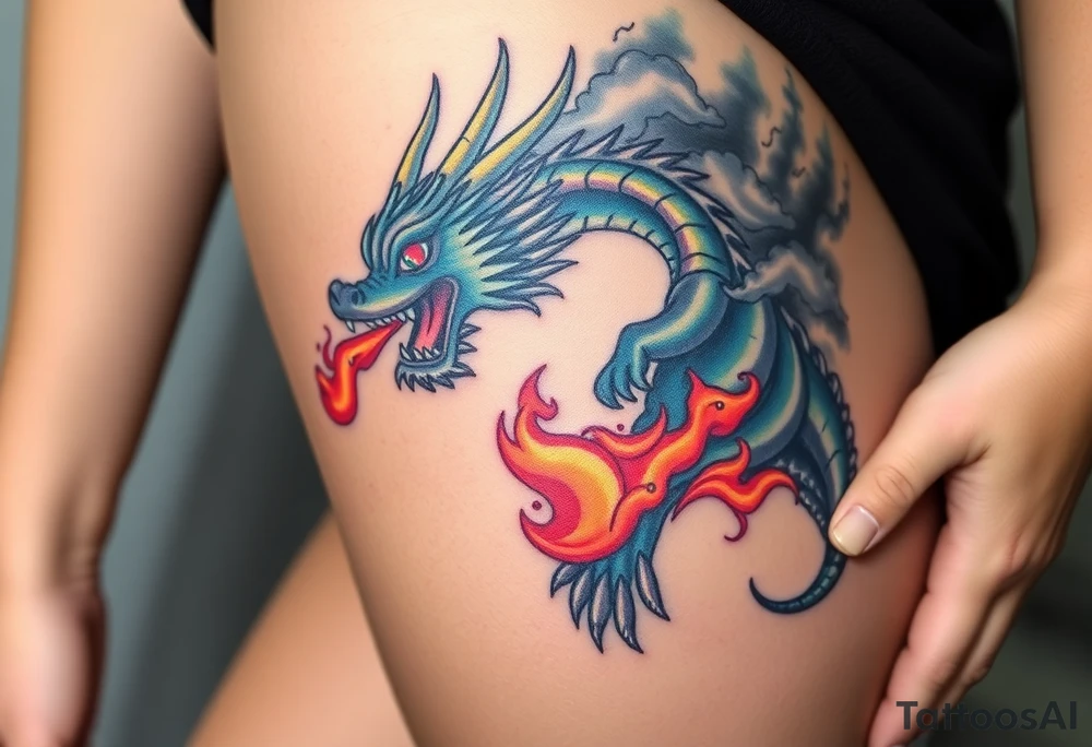 fierce dragon breathing iridescent fire against stormy skies tattoo idea