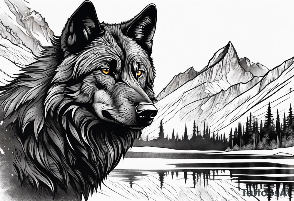 Create a tattoo of a black wolf with mountain/lake but different tattoo idea