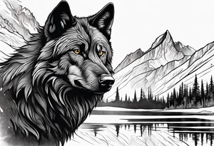 Create a tattoo of a black wolf with mountain/lake but different tattoo idea