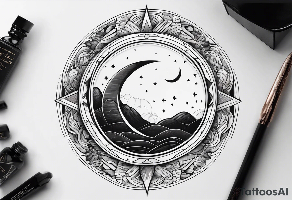 moon fine linework arrow, long and narrow tattoo idea