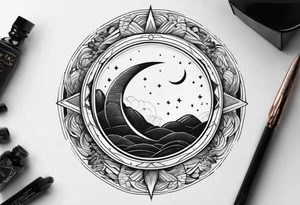 moon fine linework arrow, long and narrow tattoo idea