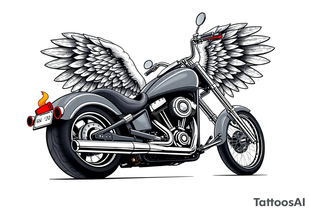 Low rider grey motorcycle, big muffler pipes with flames, angel wings, driving away, no person tattoo idea