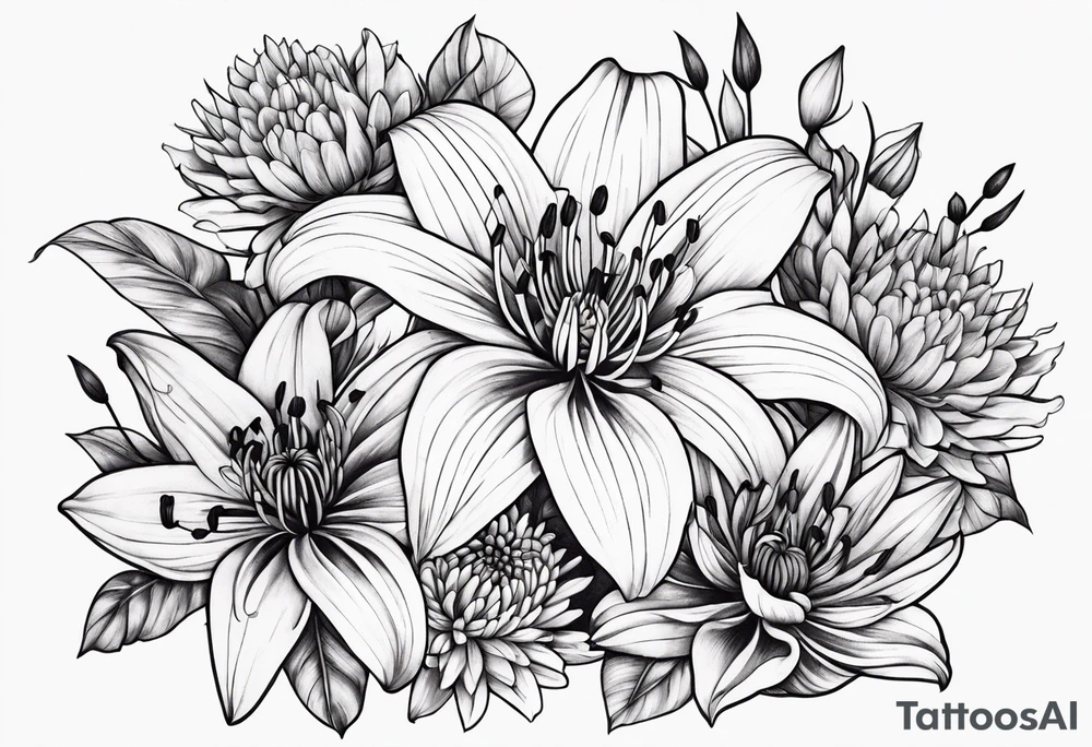 Lillies and chrysanthemums tattoo idea