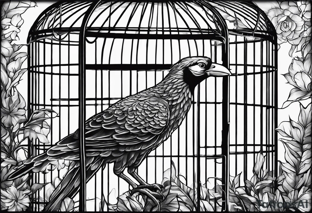 really big bird in a long but really too small cage for him. Add decoration on the left top of the cage like 
foliage tattoo idea
