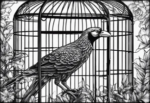 really big bird in a long but really too small cage for him. Add decoration on the left top of the cage like 
foliage tattoo idea