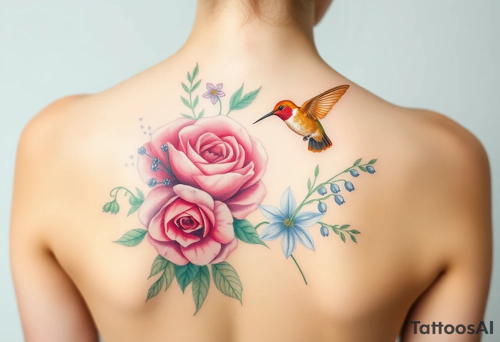 Bouquet of flowers with watercolors carnation, rose, Lily of the valley, delphinium with stems Starting upper middle back to right shoulder With orange humming bird feeding on rose.  Soft tones tattoo idea