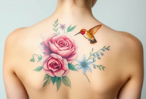 Bouquet of flowers with watercolors carnation, rose, Lily of the valley, delphinium with stems Starting upper middle back to right shoulder With orange humming bird feeding on rose.  Soft tones tattoo idea