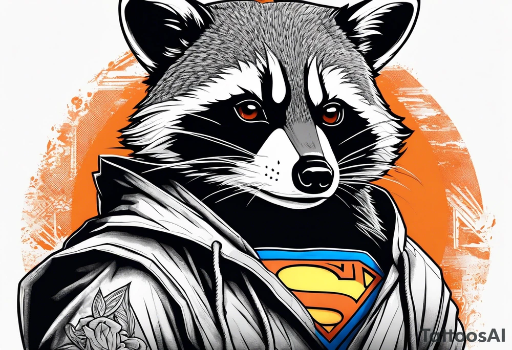 Raccoon wearing an orange Superman hoodie tattoo idea