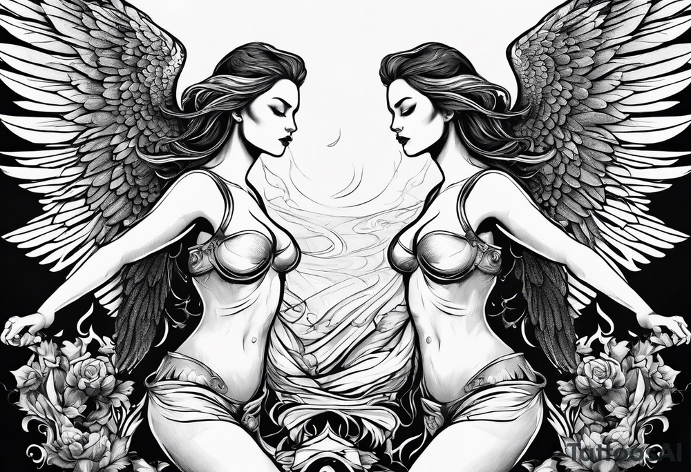 angel woman and devil woman fighting, arguing on the sky , big wingsand full body  , angel at the right , tattoo idea