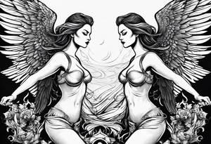 angel woman and devil woman fighting, arguing on the sky , big wingsand full body  , angel at the right , tattoo idea