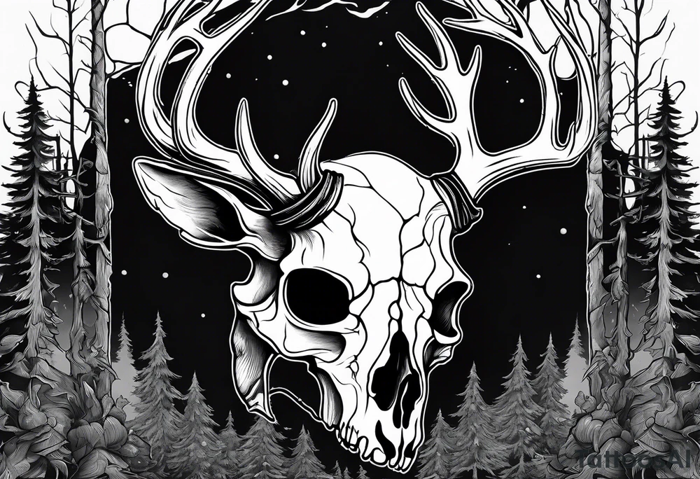 A SCARY side view of a decayed deer skull NO SKIN JUST BONE surrounded by a forest fire in background tattoo idea