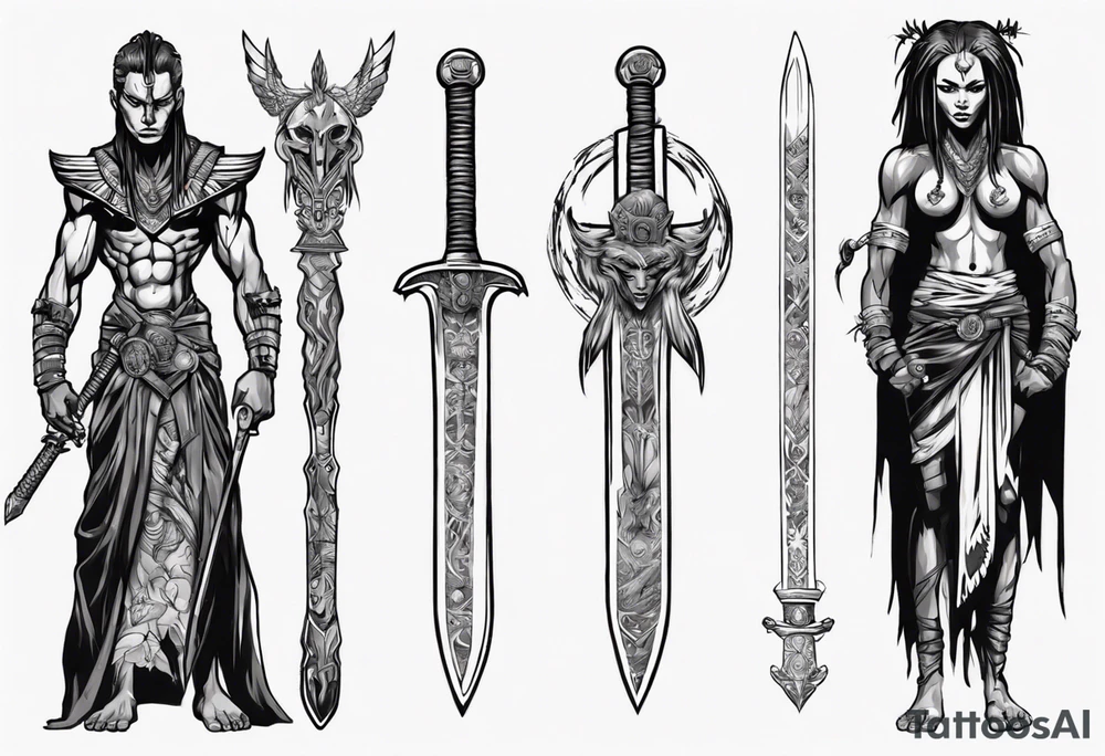 African valkyre slim face presenting sword tattoo idea