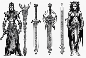African valkyre slim face presenting sword tattoo idea