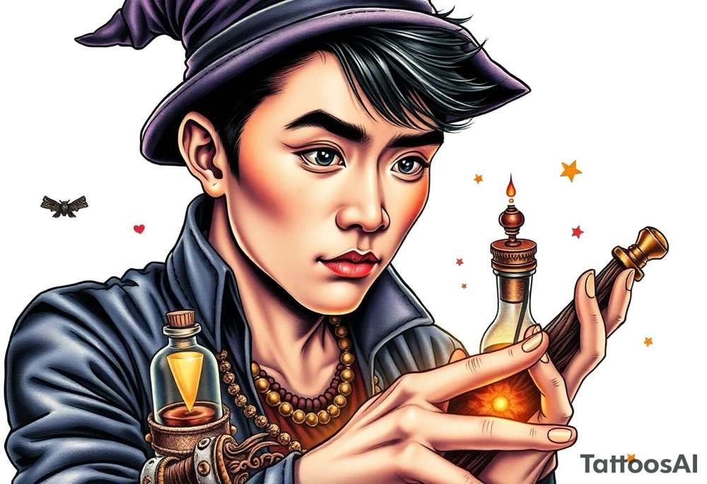 Handsome Asian young adult guy is  accidentally stumbled upon witch tools, supplies, artifacts, potions and exploring it curiously tattoo idea