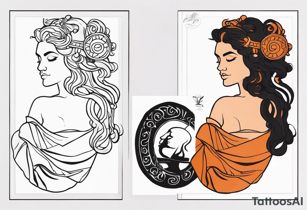 The greek gods Clio with her book and and Dionysos with his attributes tattoo idea
