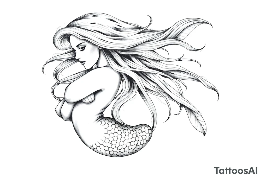 mermaid with flowing hair tattoo idea
