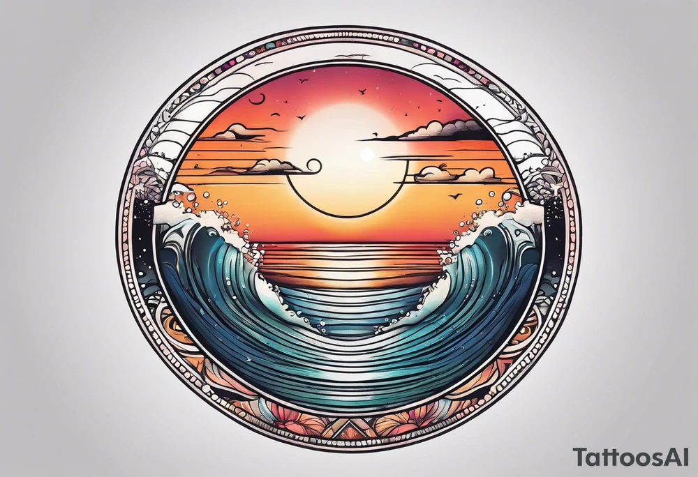 Circle shape, inside sunset and ocean drawing with retro look tattoo idea