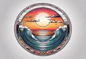 Circle shape, inside sunset and ocean drawing with retro look tattoo idea