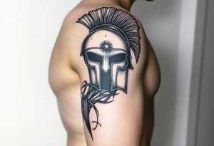 Spartan helmet forearm sleeve, black and white, masculine, aggressive looking, busy flow tattoo idea