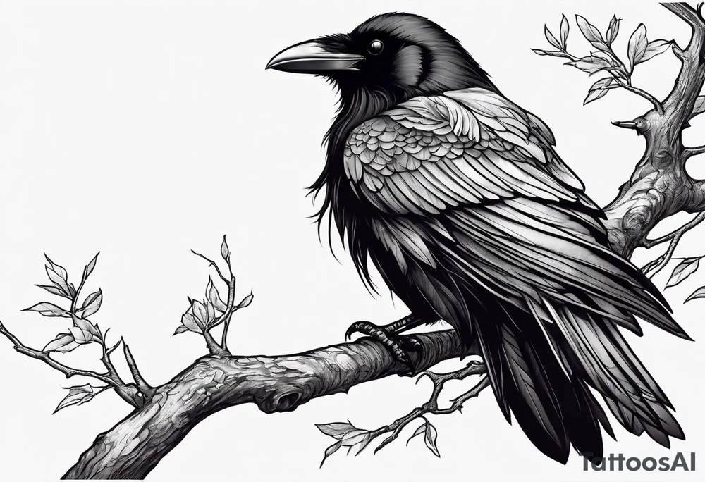 raven perched on branch tattoo idea