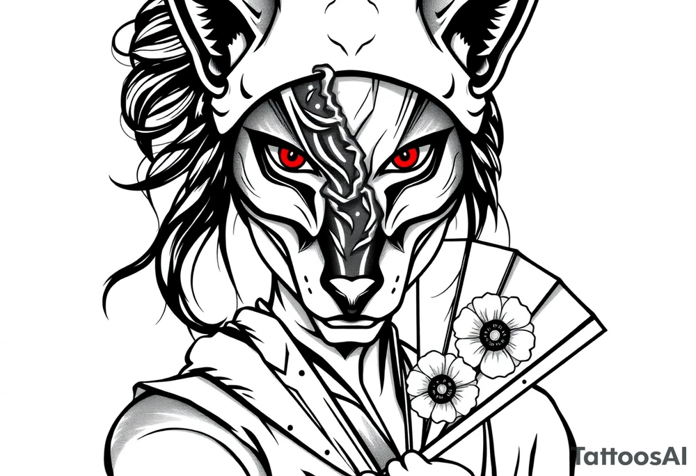 Woman samurai with red eyes, wearing an half and broken fox mask, wearing a japanese fan with irises. tattoo idea