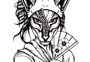 Woman samurai with red eyes, wearing an half and broken fox mask, wearing a japanese fan with irises. tattoo idea
