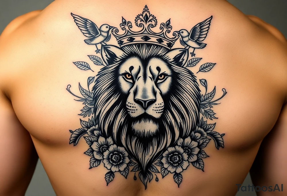 powerful majestic lion with a crown, surrounded by floral ornaments and birds tattoo idea