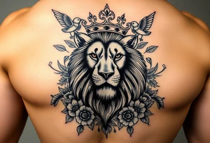 powerful majestic lion with a crown, surrounded by floral ornaments and birds tattoo idea