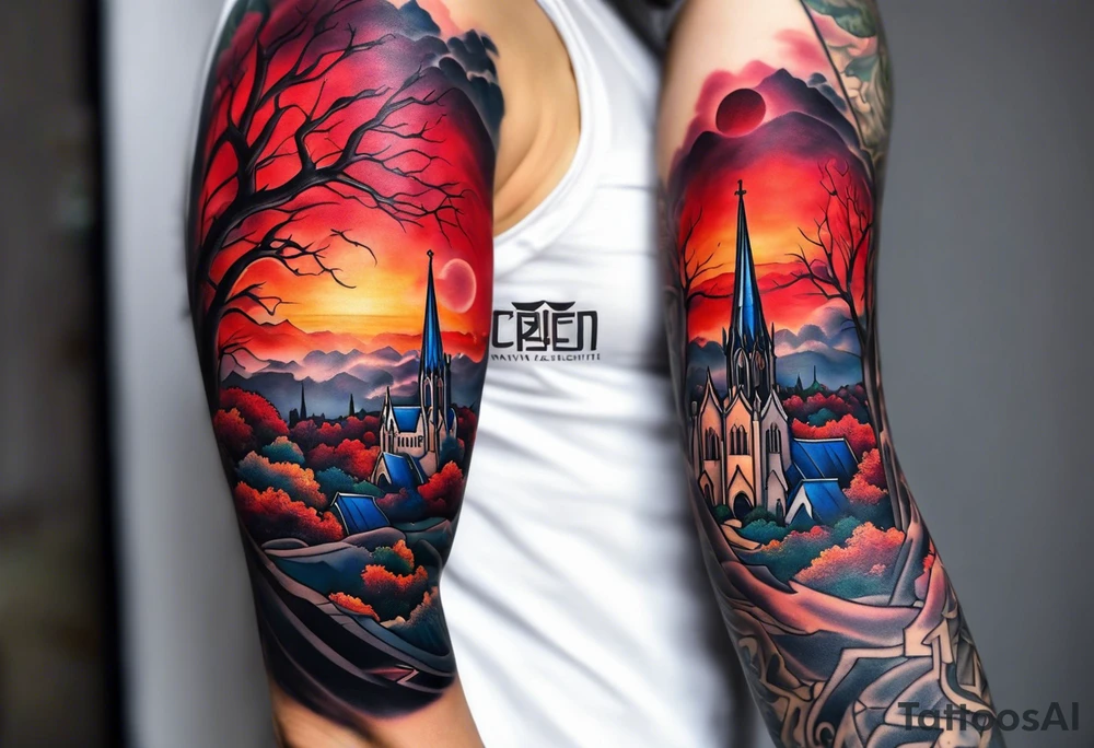 Full arm sleeve with multiple elements blended together. I want the Duke university chapel , cherry tree elements , red clouds from akatski , naruto or sauske , Atl skyline and captain tattoo idea