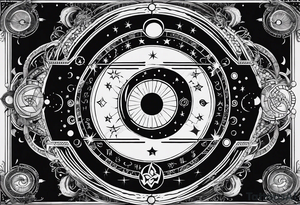 Astrology, Cancer, Natal Chart, symbolic, vision, yin yang, the moon, the sun, Uranus, Pluto, spiritual third eye, mystical armband tattoo idea