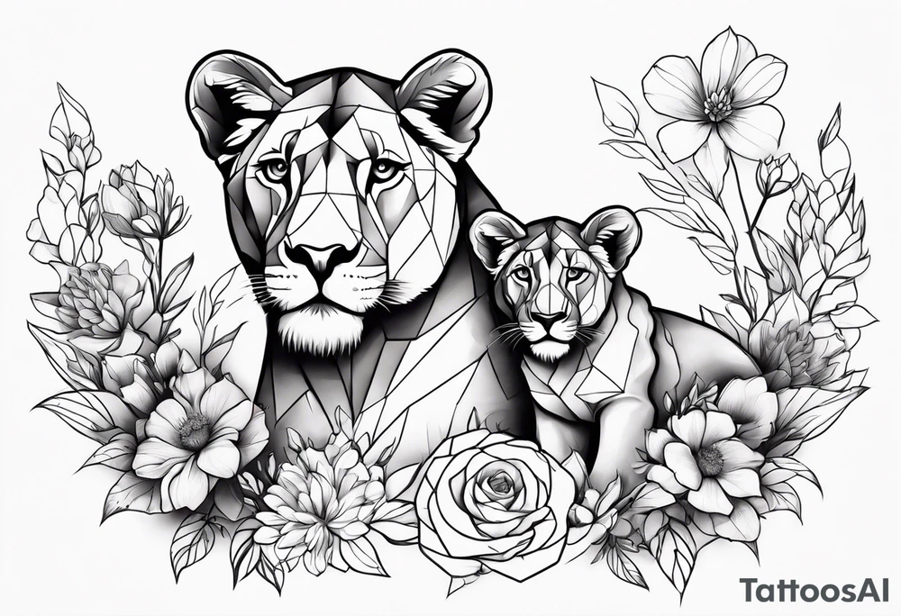 Birth flower tattoo with lioness and cubs tattoo idea