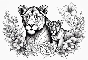 Birth flower tattoo with lioness and cubs tattoo idea