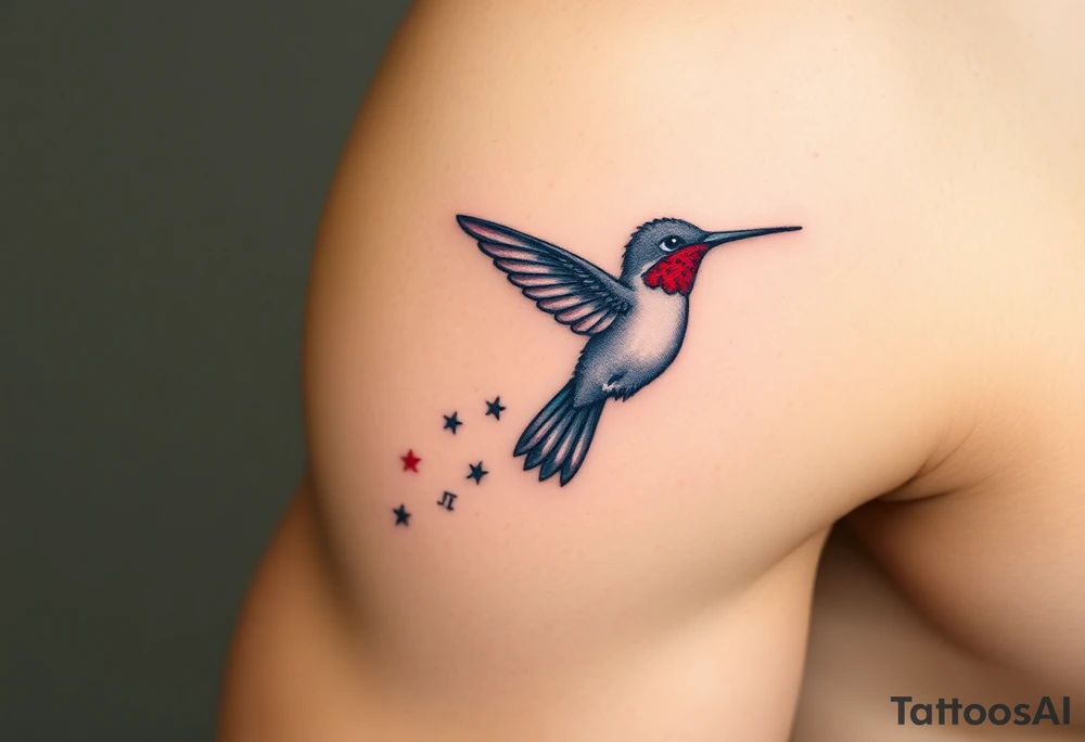 A hummingbird leaving a trail of glowing hieroglyphs as it flies(only red , blue and black are possible colors) tattoo idea