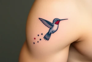 A hummingbird leaving a trail of glowing hieroglyphs as it flies(only red , blue and black are possible colors) tattoo idea