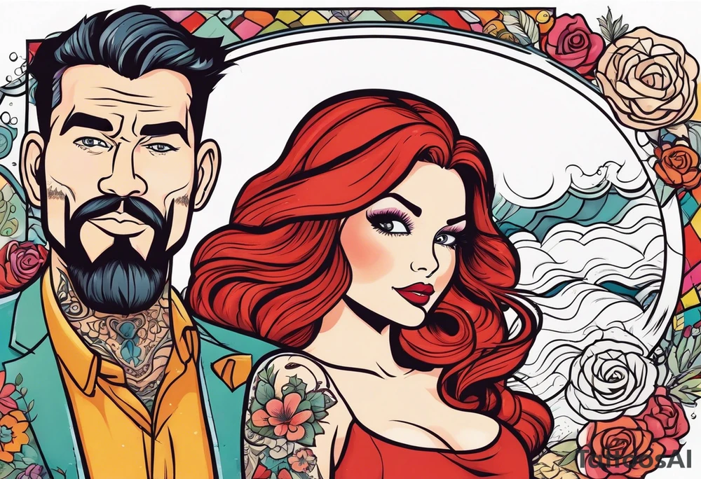 Busty Red haired woman with black haired bearded man tattoo idea