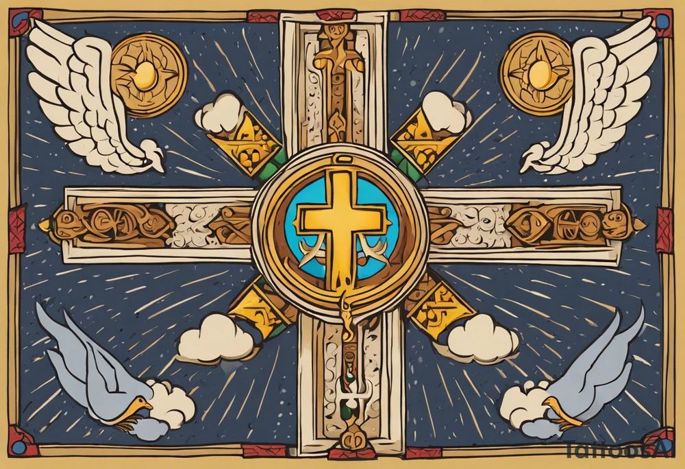 A medieval cross with an assyrian flag in the middle. A crown om top of the cross. The assyrian king Sennacherib. A sun and a moon. A cloud with rain and thunder. charizard. an imperfect cirkle. a candle. a swan. lemons. the god asshur with wings. an ankh. angel wings with a halo. surrounded by olive branches and feathers. all black and white. no shadowing. tattoo idea