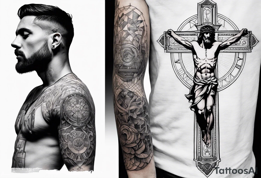 Crucified man in rom
an numerals circle in arm tattoo idea