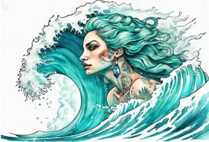 a beautiful turquoise sphinx emerging from an ocean wave, crashing onto the shore tattoo idea