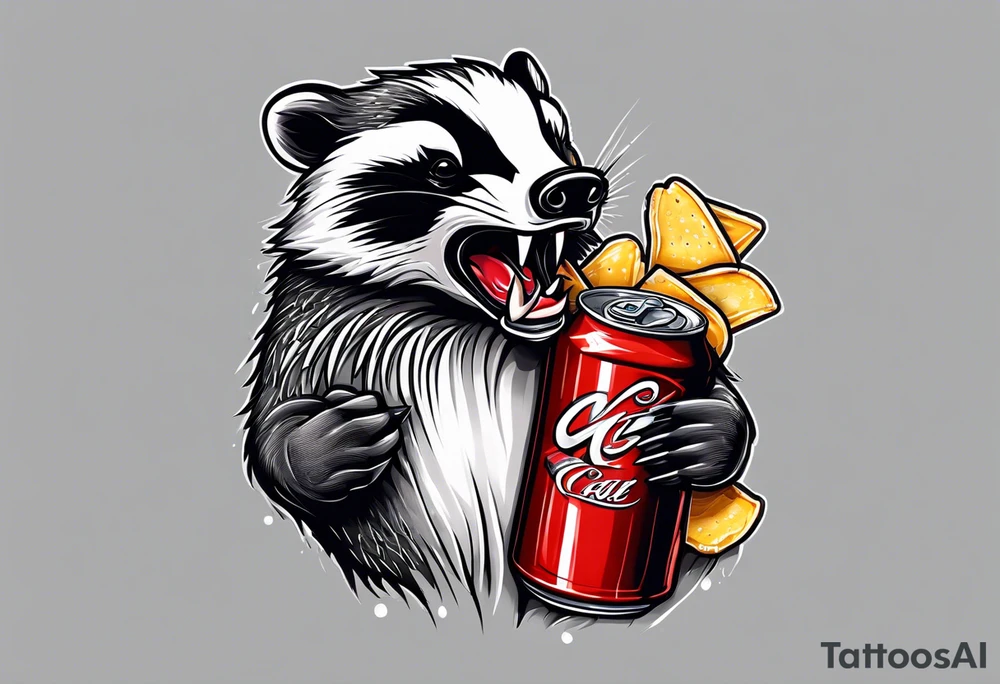 Angry badger with mouth open with soda can and chips in hands tattoo idea
