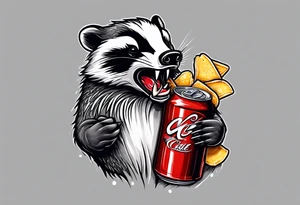 Angry badger with mouth open with soda can and chips in hands tattoo idea