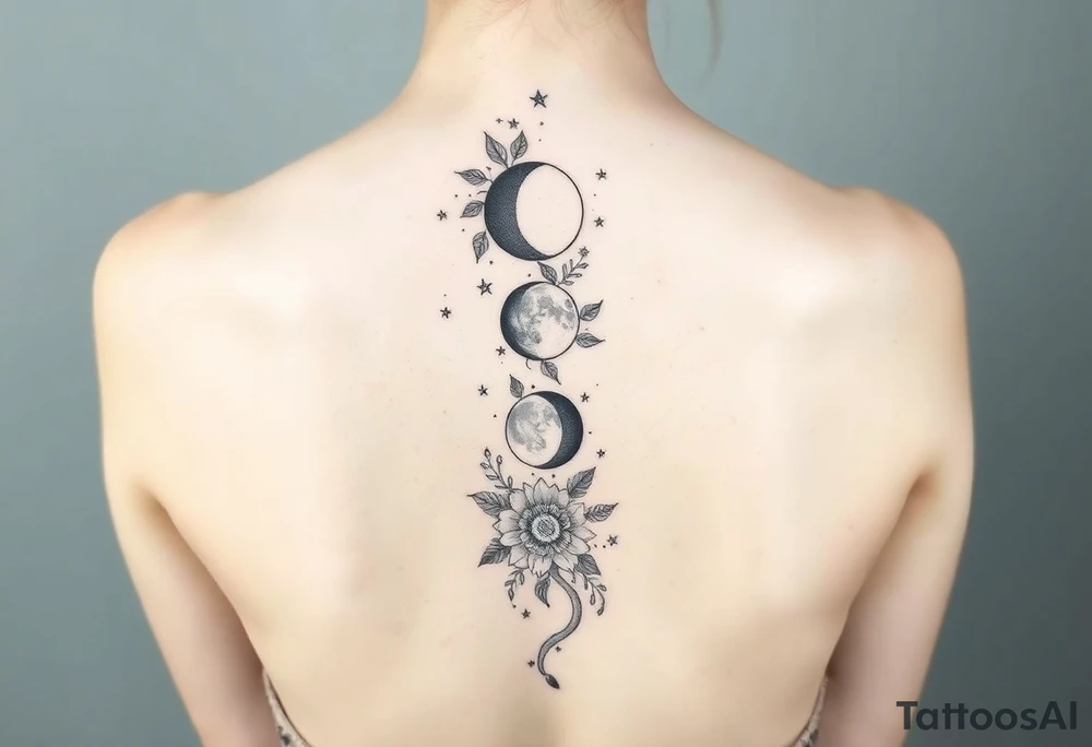 new moon, waxing crescent, first quarter, waxing gibbous, full moon, waning gibbous, last quarter, and waning crescent going down the spine vertically each represent different phases of the moon individually with flowers and vines and stars around it everywhere tattoo idea