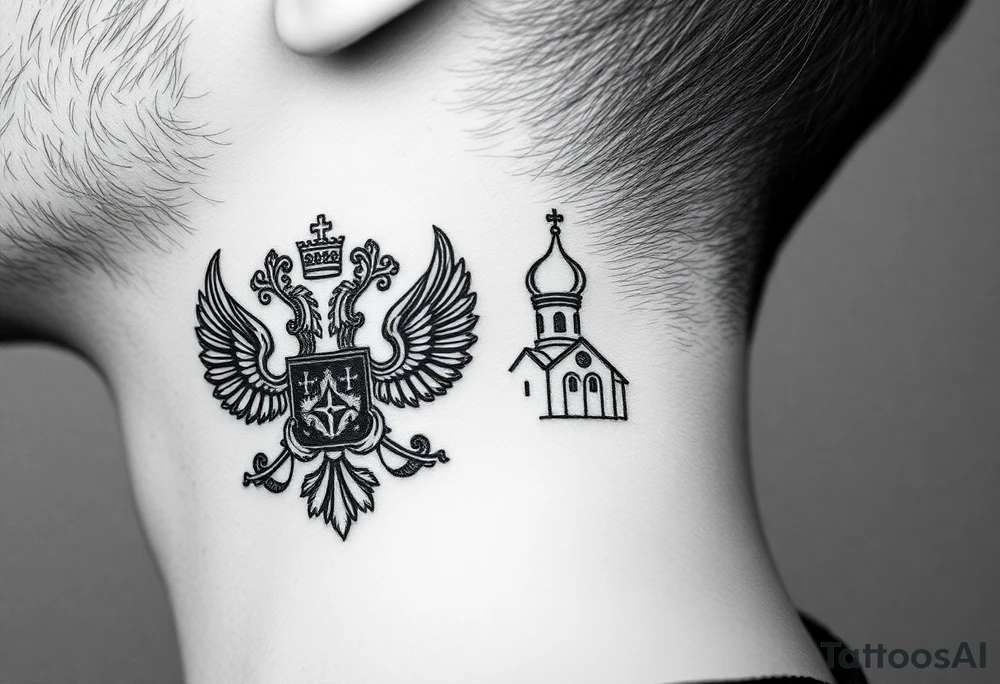 russian coat arms in a russian christian orthodox style virgin mary & orthodox dome church on the side of the neck tattoo idea