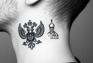 russian coat arms in a russian christian orthodox style virgin mary & orthodox dome church on the side of the neck tattoo idea