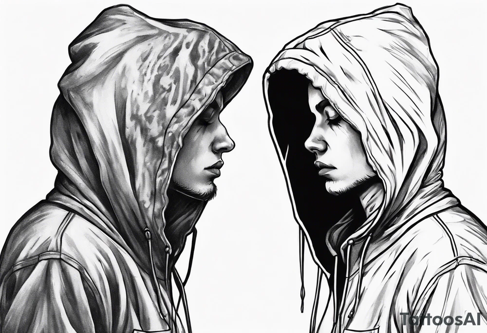 The side view of a person in a hoodie, looking down. tattoo idea