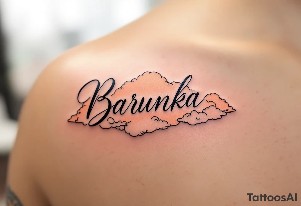 Barunka written in soft cursive, resting on peach-toned clouds. tattoo idea