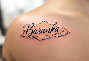 Barunka written in soft cursive, resting on peach-toned clouds. tattoo idea
