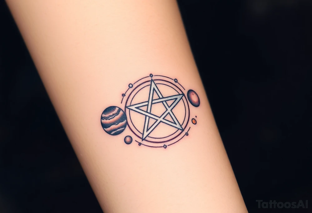 A silver pentagram surrounded by planetary orbits, each planet glowing in soft celestial hues. tattoo idea